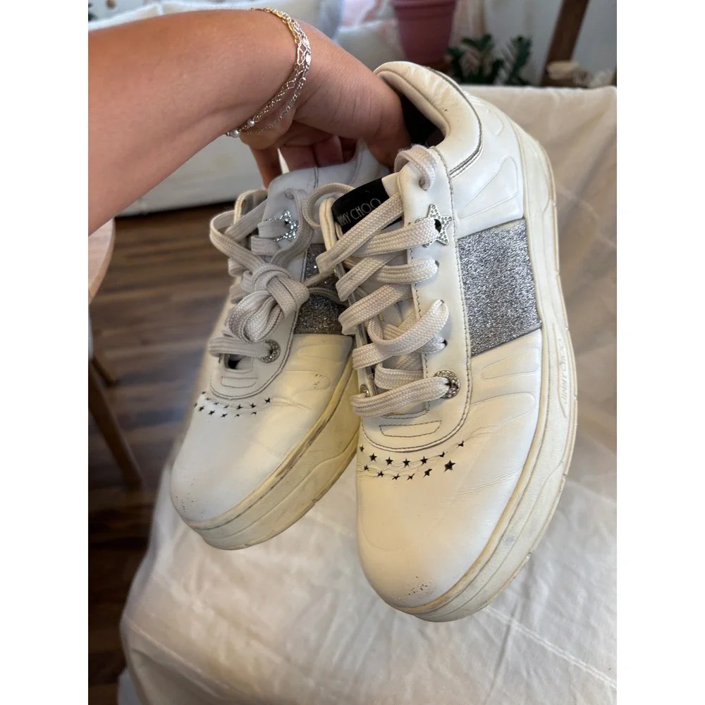 Jimmy‎ Choo White Leather Glitter Star Low Top Platform Sneakers Womens EU 40